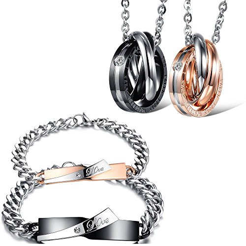 Kim Johanson Edelstahl Pärchen Schmuckset "Enjoyment" Armbänder & Ketten für verliebte in Roségold & Schwarz mit Zirkonia Steinchen besetzt inkl. Schmuckbeutel von Kim Johanson