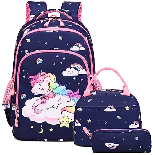 Kimwadalh Einhorn Rucksäcke für Mädchen Schulrucksack für Mädchen Teenager Schulranzen Schultasche für Kinder Kinderrucksack 3tlg. mit Lunchtasche Federmäppchen von Kimwadalh