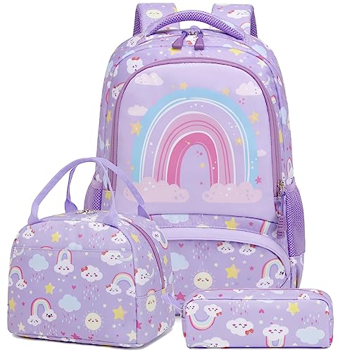 Kimwadalh Kinderrucksack Mädchen Rucksack Leichtgewicht Schulrucksack Regenbogen Schulranzen für Mädchen Teenager Schule,Schultasche Set,passend 15 Zoll Laotop von Kimwadalh