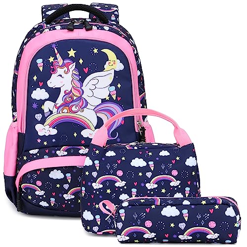 Kimwadalh Rucksack Mädchen Einhorn Kinderrucksack,Schultaschen Mädchen 3-teiliges Set Rucksack für Grundschülerinnen Mädchen-Schulranzen für Schule und Freizeit,Reisen von Kimwadalh