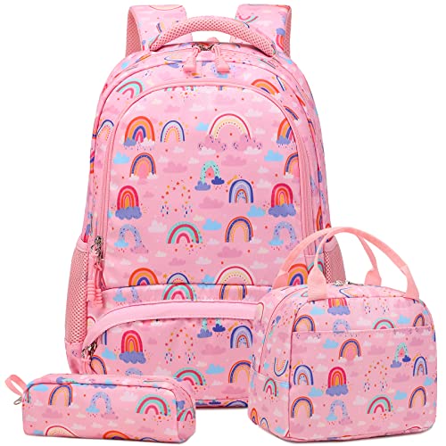 Kimwadalh Schulrucksack Mädchen Kinder Regenbogen Rucksack Leichtgewicht Schultasche für Mädchen Teenager Schule,Schulranzen Set mit Lunchpaket Tasche und Mäppchen,passend 15 Zoll Laotop von Kimwadalh