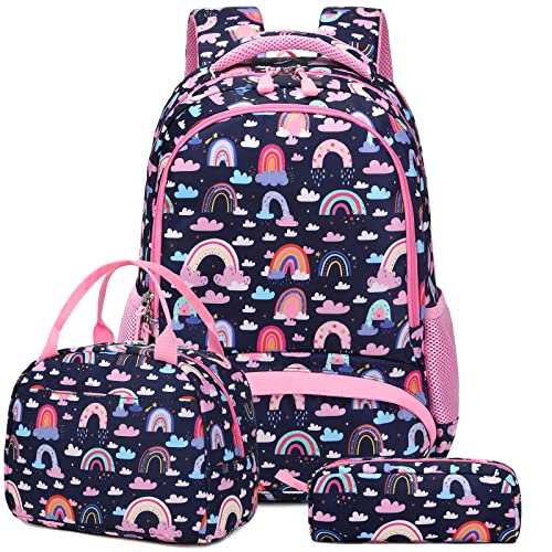 Kimwadalh Schulrucksack Mädchen Kinder Schultasche Leichtgewicht Regenbogen Rucksack für Mädchen Teenager Schule,Schulranzen Set mit Lunchpaket Tasche und Mäppchen,passend 15 Zoll Laotop von Kimwadalh