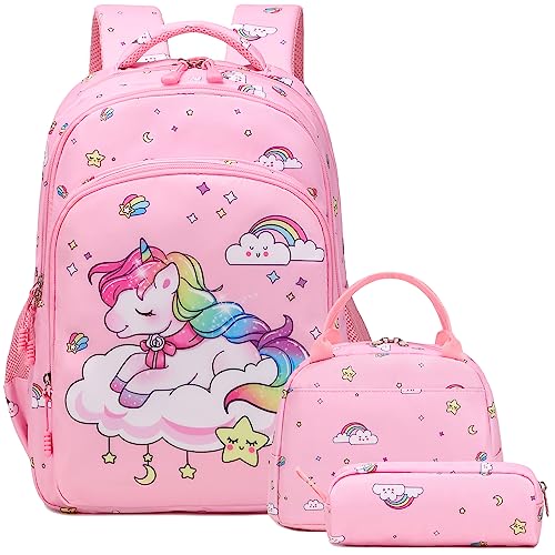 Kimwadalh Schulrucksack für Mädchen Einhorn Rucksäcke für Mädchen Teenager Schulranzen Schultasche für Kinder Kinderrucksack 3tlg. mit Lunchtasche Federmäppchen von Kimwadalh