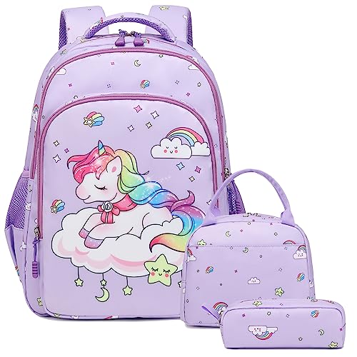 Kimwadalh Schultasche Kinder Rucksack Schulrucksack für Mädchen Einhorn Rucksäcke für Mädchen Teenager Schulranzen Kinderrucksack 3tlg. mit Lunchtasche Federmäppchen von Kimwadalh