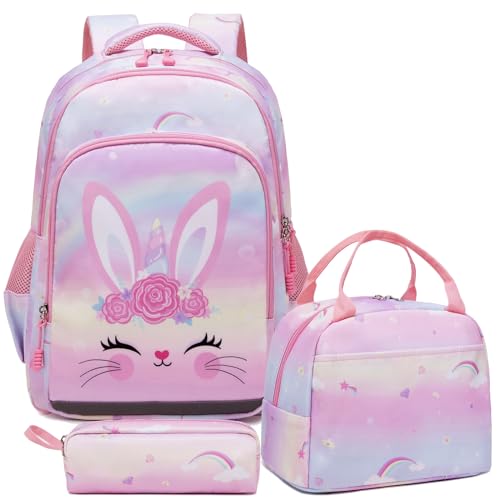 Kinder Hase-Rucksack Einhorn Rucksack Kinder Mädchen 3 TLG. Schultasche Sets Schulranzen Kinderrucksack mit Brustgurt für Schule 1-3 Klasse,für 15 Zoll Laptop von Kimwadalh