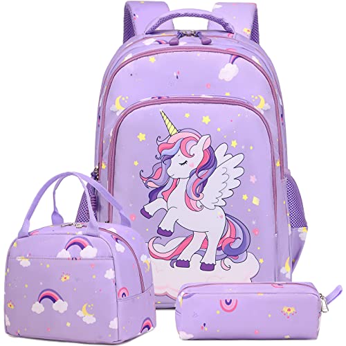 Kinderucksack Einhorn Mädchen Schulrucksack Rucksack Kinder Schultasche 3 in 1 Schultaschen Sets Mädchen Schulranzen Kinder Rucksack für Schule 1-3 Klasse,für 15 Zoll Laptop von Kimwadalh