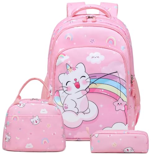 Kinderucksack Katzen Rucksäcke für Mädchen Schulranzen Kinder Einhornrucksack Schultaschen 3 TLG. Sets für Schule 1-3 Klasse,Reisen Wandern von Kimwadalh