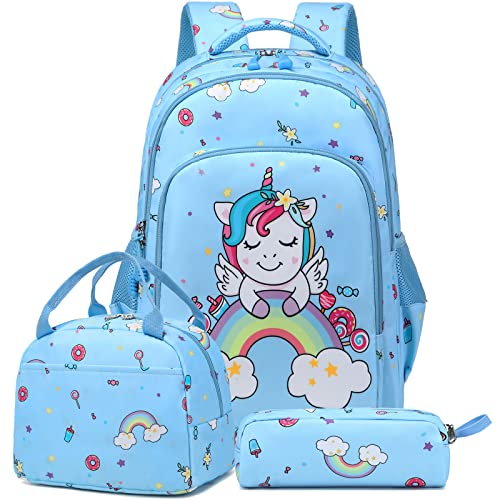 Mädchen Rucksack Einhorn Kinderrucksack Schultasche Mädchen Schultaschen Sets Mädchen Schulranzen Kids Rucksack 3 tlg. Kinderrucksack mit Brustgurt,Schulrucksack für 1-3 Klasse von Kimwadalh