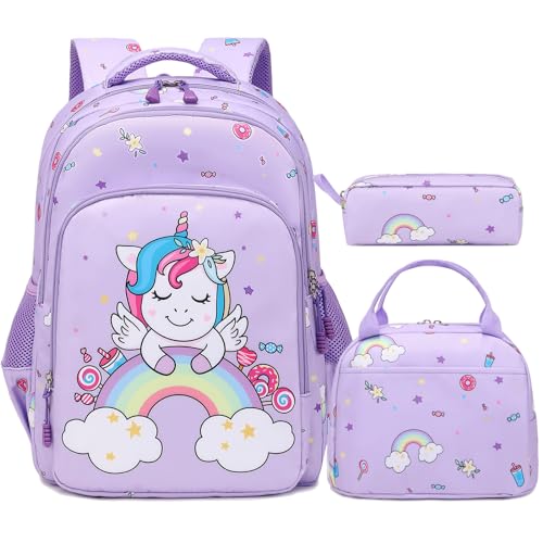 Mädchen Rucksack Einhorn Kinderrucksack Schultasche Mädchen Schultaschen Sets Mädchen Schulranzen Kids Rucksack 3 tlg. Kinderrucksack mit Brustgurt,Schulrucksack für 1-3 Klasse von Kimwadalh