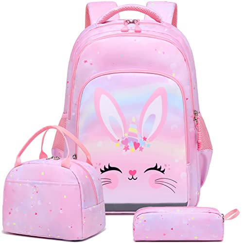 Kimwadalh Mädchen Rucksack für Kinder Schulrucksack Einhorn Kaninchen Kinder Schultasche 3 tlg. Schultaschen Sets Mädchen Schulranzen Rucksack mit Brustgurt für Schule 1-3 Klasse von Kimwadalh