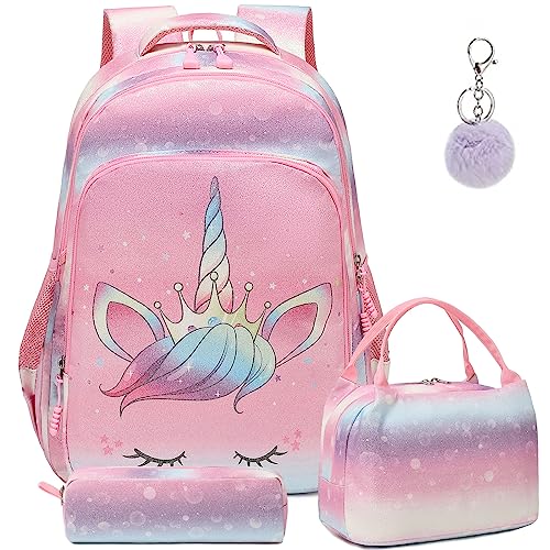 Kimwadalh Mädchen Schulrucksack 3 Teilig Schultasche Glitzer Rucksack Schulranzen Set Mädchen Jungen Rucksack Kinderrucksack Ergonomisch Rucksack mit Brustgurt von Kimwadalh