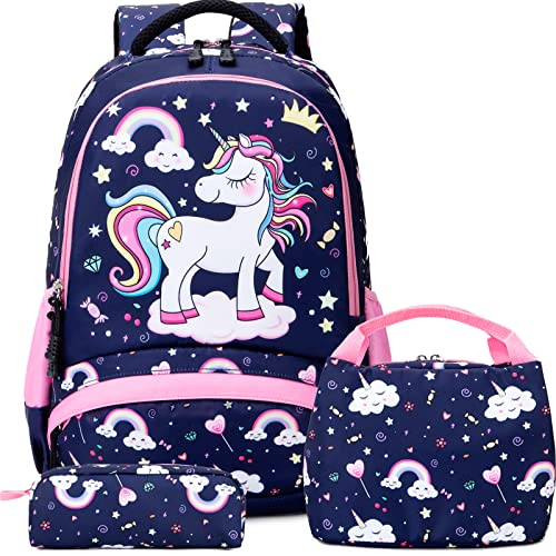 Mädchen Schulrucksack Einhorn Rucksäcke für Mädchen Grundschule Rucksäcke Kinderrucksack Set Mädchen Einhorn Schultaschen Set Kinder Girls Backpack Travel Daypack von Kimwadalh