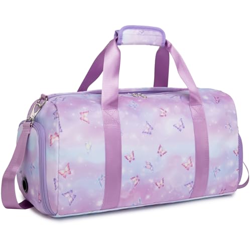 Reisetasche Kinder Mädchen Kindertasche Mädchen Sporttasche Tanztasche Schmetterling,Damen Sports Duffle Bag für Gymnastik Schwimm Reisen, Reisetasche mit Wasserdichter Tasche und Schuhfach von Kimwadalh