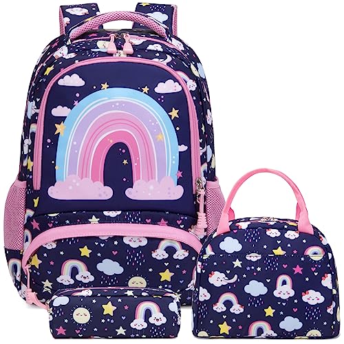 Schulrucksack Kinder Mädchen Rucksack Leichtgewicht Rucksack Regenbogen Schulranzen für Mädchen Teenager Schule,Schultasche Set mit Lunchpaket Tasche und Mäppchen,passend 15 Zoll Laotop von Kimwadalh