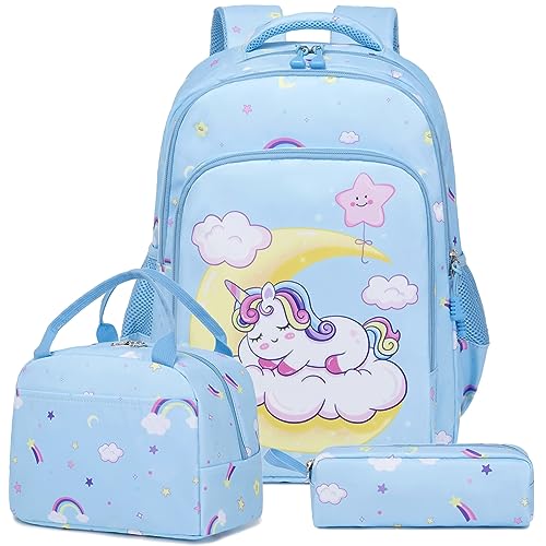 Schultasche Mädchen Rucksack Einhorn Kinderrucksack Mädchen Schulranzen Kids Rucksack 3 tlg. Schultaschen Sets Mädchen Kinderrucksack mit Brustgurt,Schulrucksack für 1-3 Klasse von Kimwadalh