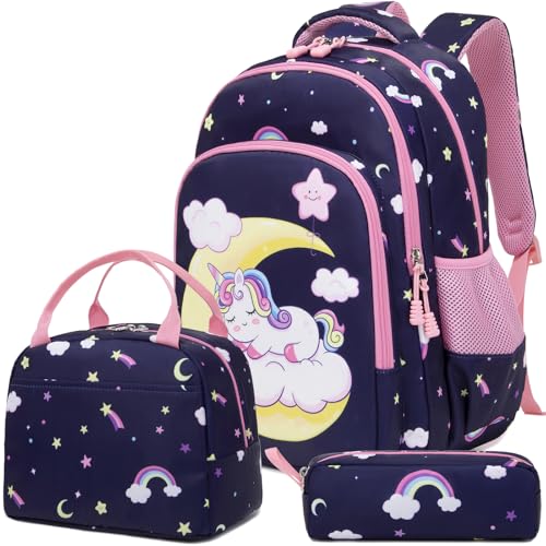 Schultasche Mädchen Rucksack Einhorn Kinderrucksack Mädchen Schulranzen Kids Rucksack 3 tlg. Schultaschen Sets Mädchen Kinderrucksack mit Brustgurt,Schulrucksack für 1-3 Klasse von Kimwadalh