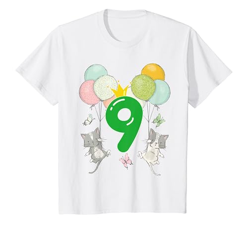 Kinder Geburtstag 9 Jahre Junge Mädchen Zahl Katzen Luftballons T-Shirt von Kinder Geburtstag mit Zahlen und lustigen Katzen