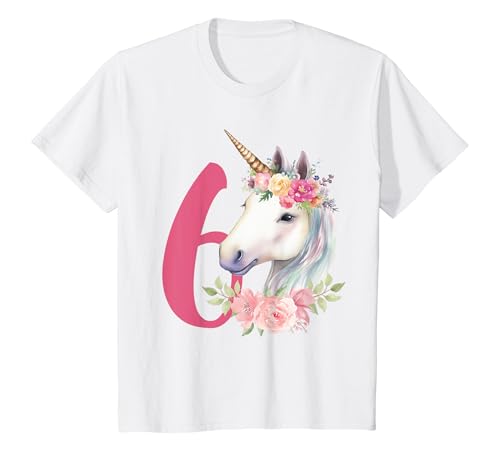 Kinder Sechster Geburtstag 6 Einhorn Regenbogen Blumen Mädchen 6 T-Shirt von Kinder Mädchen Geburtstag Einhorn Pferd Regenbogen