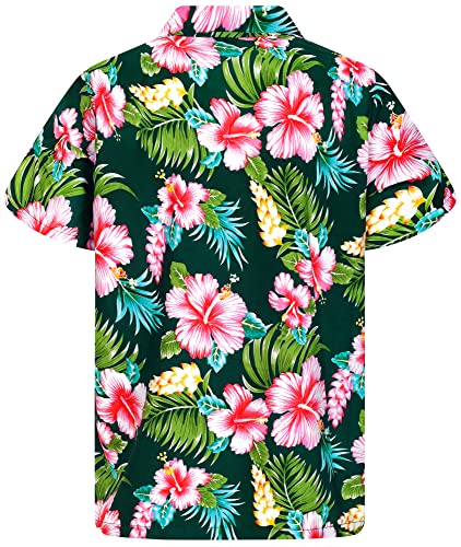 Hawaii-Hemd für Herren, flippig, lässig, Knopfleiste, kurzärmelig, Unisex, Blumen, Strand, Party, Flamingo, Blumen, Hibiskus-neues Design, dunkelgrün, 5X-Groß von King Kameha