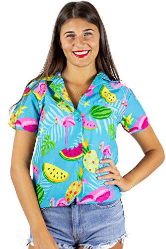 King Funky Hawaiibluse Hawaiihemd, Kurzarm, Flamingos Melonen,4XL - Brustbreite: 74 cm | Länge 87 cm,Türkis von King Kameha