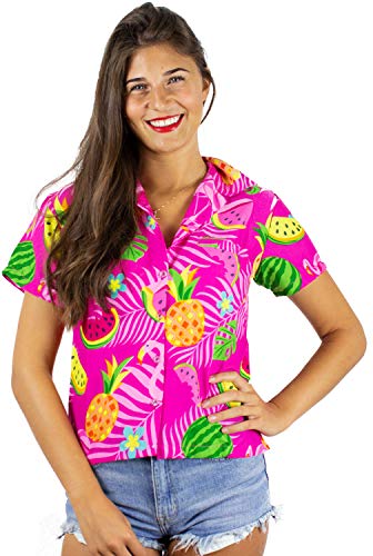 King Funky Hawaiibluse Hawaiihemd, Kurzarm, Flamingos Melonen,M - Brustbreite: 56 cm | Länge 72 cm,Pink von King Kameha