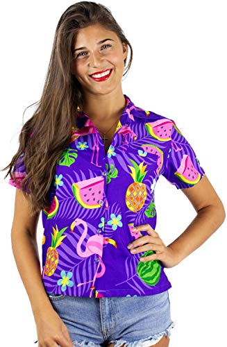 King Funky Hawaiibluse Hawaiihemd, Kurzarm, Flamingos Melonen,XXL - Brustbreite: 70 cm | Länge 79 cm,Lila von King Kameha