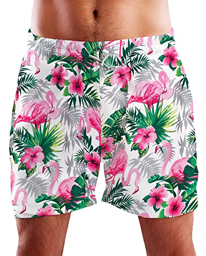 King Kameha Funky Hawaii Schwimm-Hose Bade-Hose Bade-Shorts, Flamingo Flowers, Weiß Pink, XXL von King Kameha