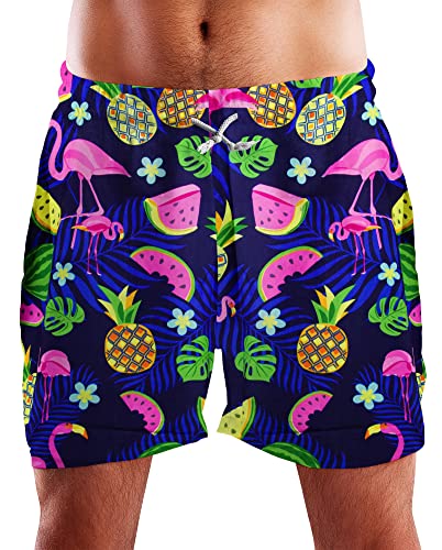 King Kameha Funky Hawaii Schwimm-Hose Bade-Hose Bade-Shorts, Flamingo Melon, Blau, XL von King Kameha