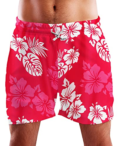 King Kameha Funky Hawaii Schwimm-Hose Bade-Hose Bade-Shorts, Mono Hibiscus, Pink Weiß, M von King Kameha