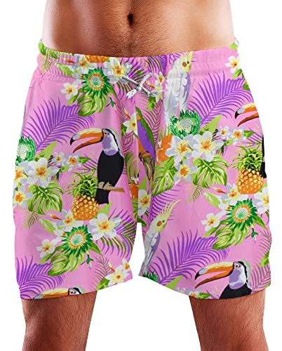 King Kameha Funky Hawaii Schwimm-Hose Bade-Hose Bade-Shorts, Parrot Cockatoo, Hellrosa, L von King Kameha