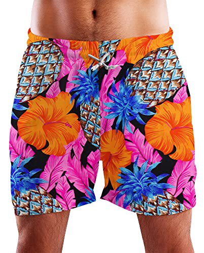 King Kameha Funky Hawaii Schwimm-Hose Bade-Hose Bade-Shorts, Pineapple Hibiscus, Schwarz Pink, XL von King Kameha