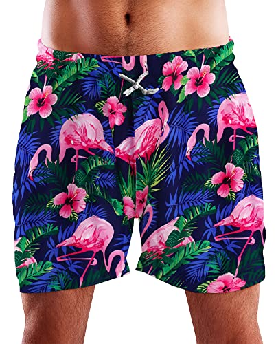 King Kameha Funky Hawaii Schwimm-Hose Bade-Hose Bade-Shorts, Flamingo Flowers, Navyblau Pink, XXL von King Kameha