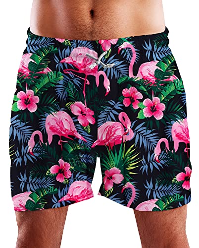 King Kameha Funky Hawaii Schwimm-Hose Bade-Hose Bade-Shorts, Flamingo Flowers, Schwarz Pink, XXL von King Kameha
