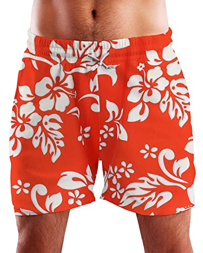 King Kameha Funky Hawaii Schwimm-Hose Bade-Hose Bade-Shorts, Hibiscus, Orange, XL von King Kameha