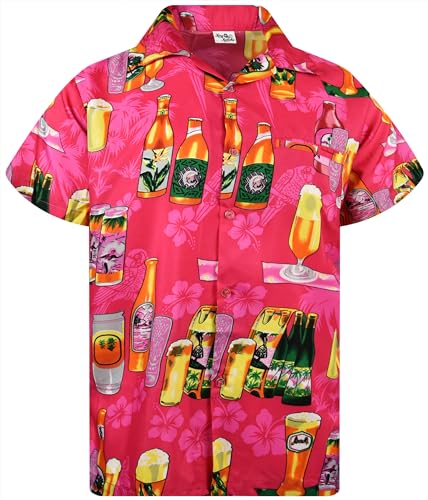 King Kameha Funky Hawaiihemd, Herren, Kurzarm, Beerbottles, Pink, L von King Kameha