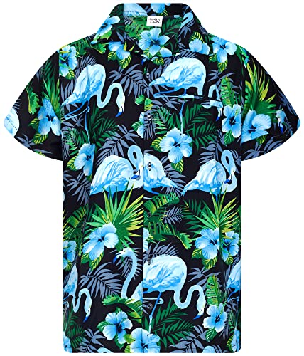 King Kameha Funky Hawaiihemd, Herren, Kurzarm, Flamingo Flowers Print, Schwarz Blau, M von King Kameha