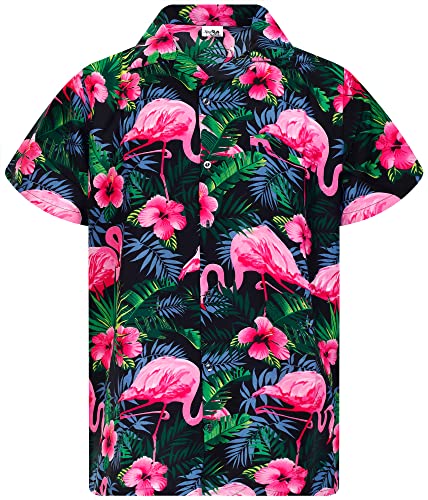 King Kameha Funky Hawaiihemd, Herren, Kurzarm, Flamingo Flowers Print, Schwarz Pink, 3XL von King Kameha