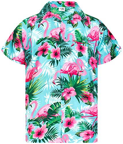 King Kameha Funky Hawaiihemd, Herren, Kurzarm, Flamingo Flowers Print, Türkis Pink, S von King Kameha