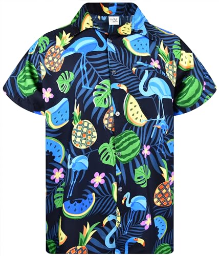 King Kameha Funky Hawaiihemd, Herren, Kurzarm, Flamingo Melon,Dunkelblau Blau, XXL von King Kameha