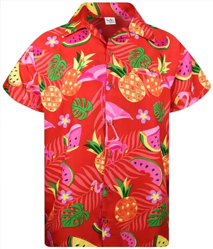 King Kameha Funky Hawaiihemd, Herren, Kurzarm, Flamingo Melon,Rot, M von King Kameha