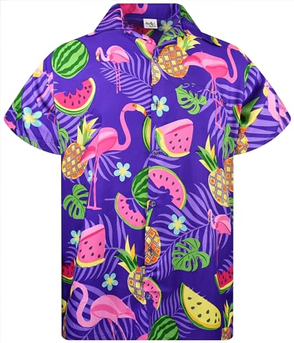 King Kameha Funky Hawaiihemd, Herren, Kurzarm, Flamingo Melon,Violett, M von King Kameha