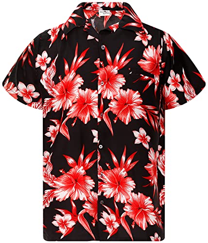 King Kameha Funky Hawaiihemd, Herren, Kurzarm, Mono Flowers, Schwarz Rot, 3XL von King Kameha