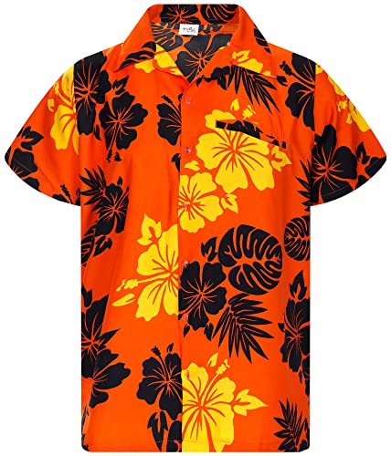 King Kameha Funky Hawaiihemd, Herren, Kurzarm, Mono Hibiscus Print, Orange Weiß, 4XL von King Kameha