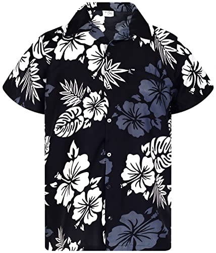 King Kameha Funky Hawaiihemd, Herren, Kurzarm, Mono Hibiscus Print, Schwarz Weiß, 4XL von King Kameha