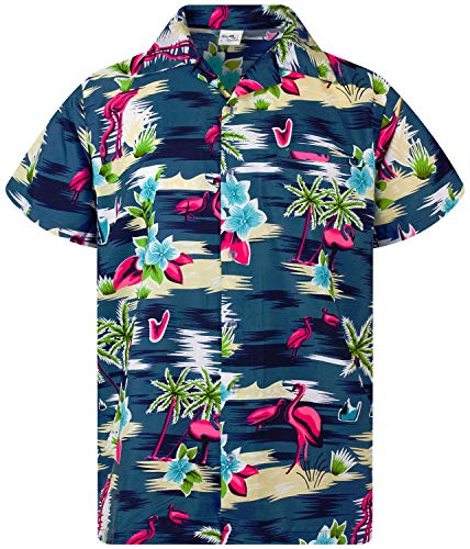 King Kameha Funky Hawaiihemd, Kurzarm, Flamingos, Graublau, 4XL von King Kameha