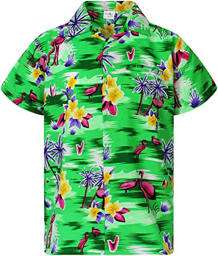 King Kameha Funky Hawaiihemd, Kurzarm, Flamingos, NEU-Grün, Lemonengrün, 3XL von King Kameha