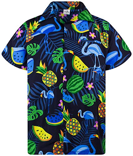 King Kameha Funky Hawaiihemd, Kurzarm, Flamingos Melonen, Schwarz Blaue Flamingos, 4XL von King Kameha