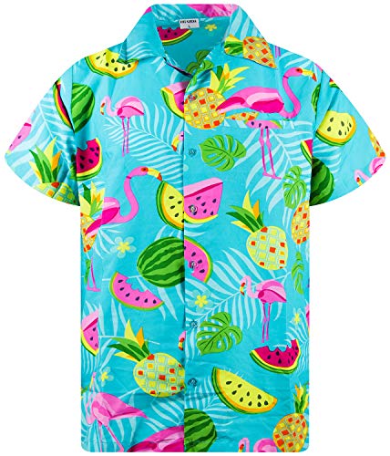 King Kameha Funky Hawaiihemd, Kurzarm, Flamingos Melonen, Türkis, 4XL von King Kameha