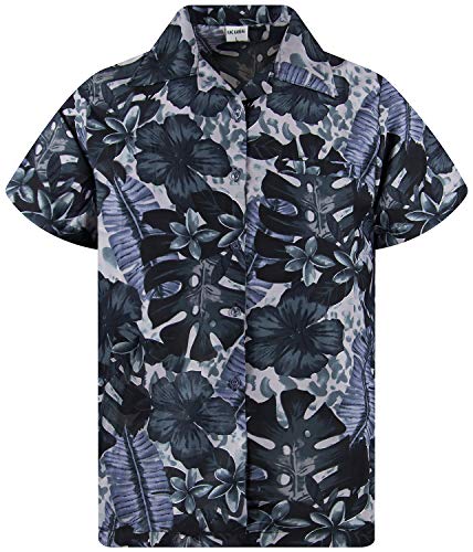 King Kameha Funky Hawaiihemd, Kurzarm, Grüne Blätter Lila Blüten, Monoschwarz, 3XL von King Kameha