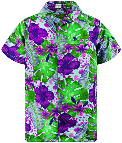 King Kameha Funky Hawaiihemd, Kurzarm, Grüne Blätter Lila Blüten, Türkis, XL von King Kameha